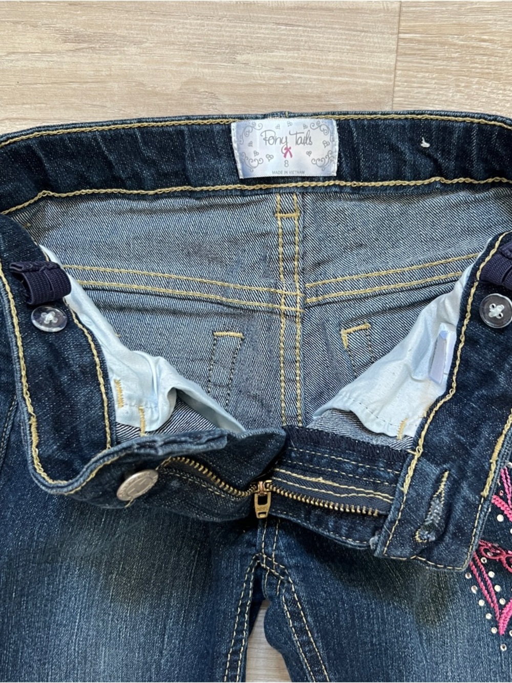 Pony Tails Jeans Girls 8 Dark Wash Heart Embroidery Straight Leg Denim Pants - Picture 5 of 8
